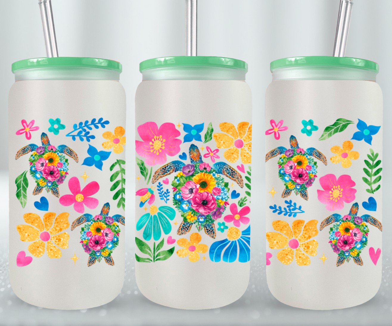 Boho Floral Sea Turtle-10660 - glass can