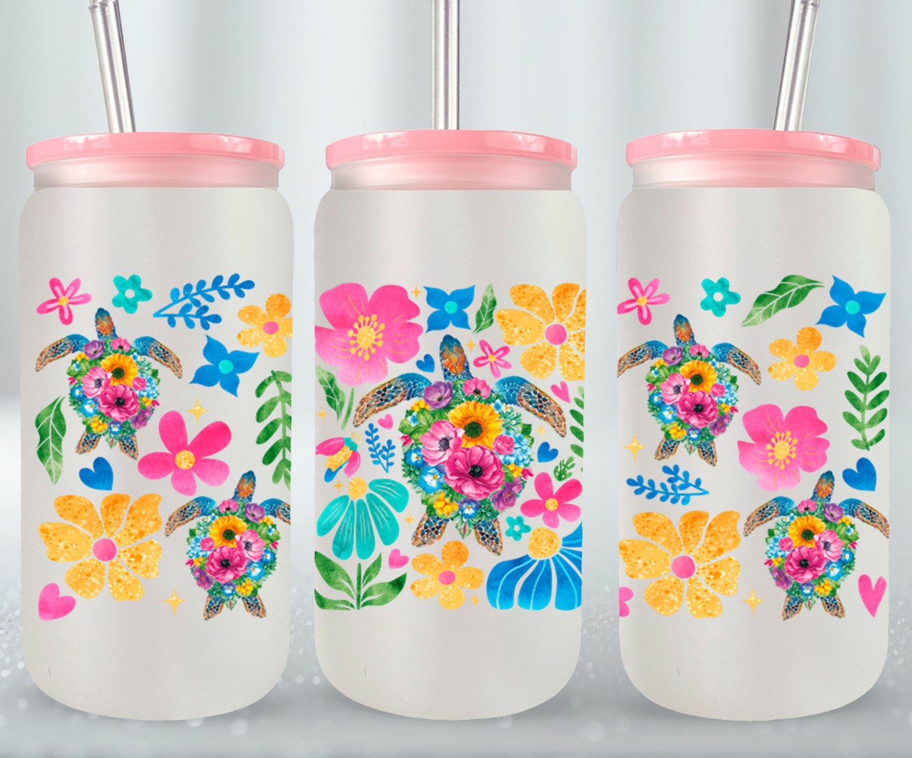 Boho Floral Sea Turtle-10660 - glass can