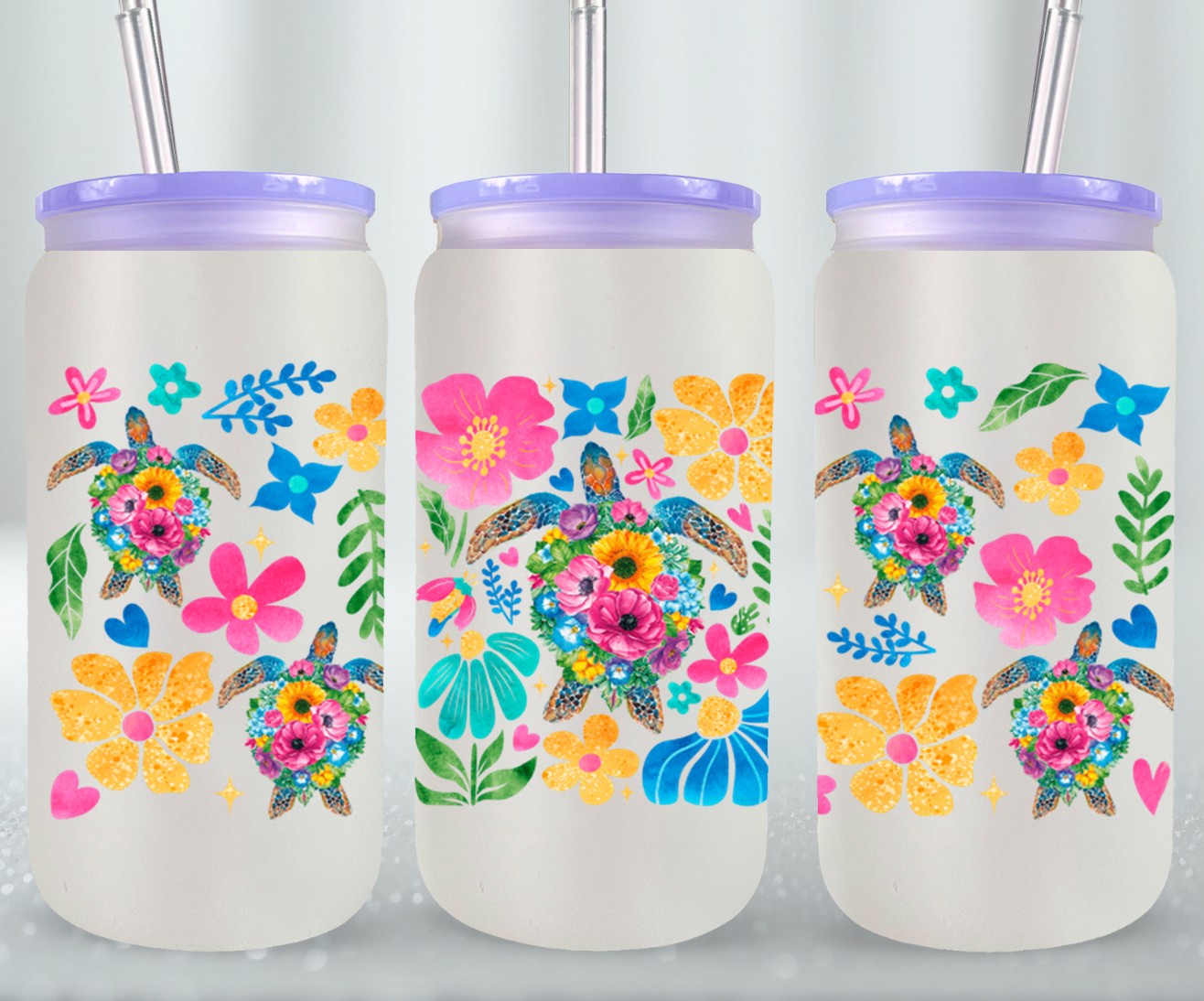 Boho Floral Sea Turtle-10660 - glass can
