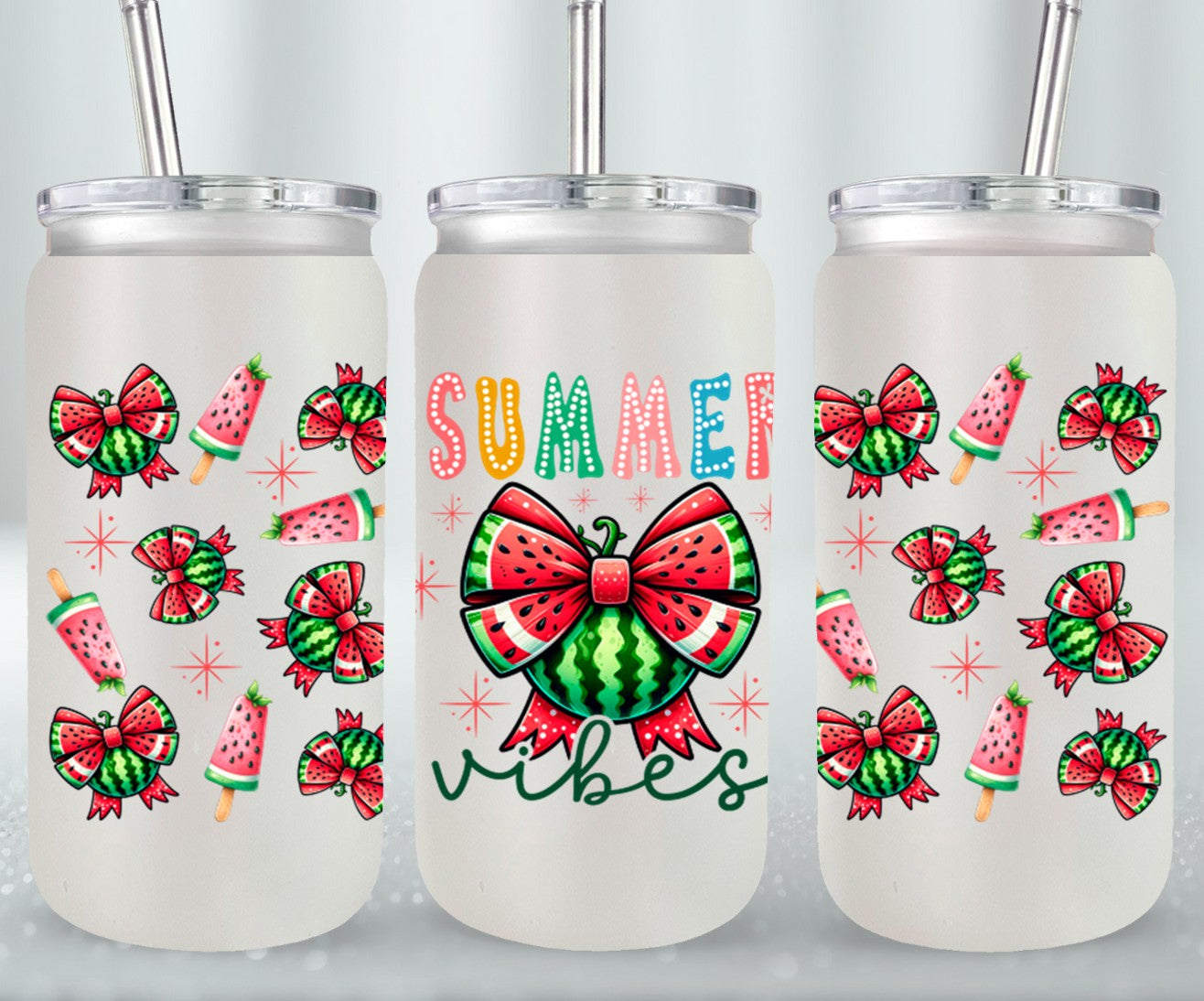 Summer Vibes Watermelon Coquette Bow-10672 - glass can