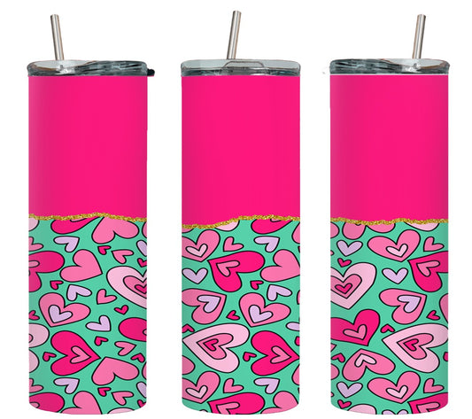 Pink Hearts Teal - tumbler