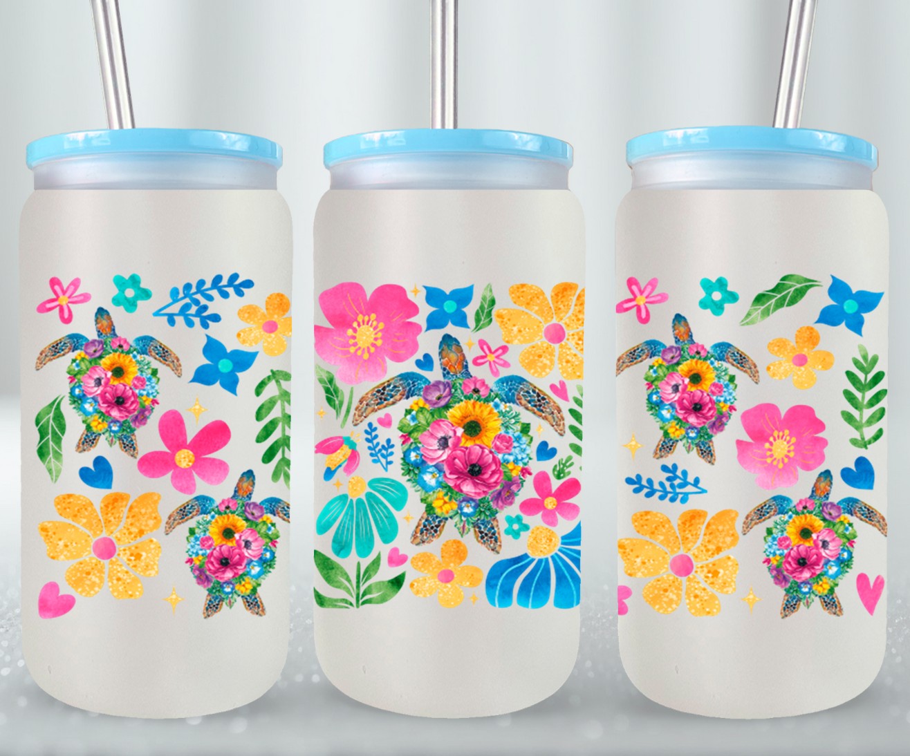 Boho Floral Sea Turtle-10660 - glass can
