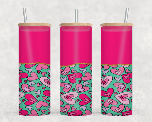 Pink Hearts Teal - glass can