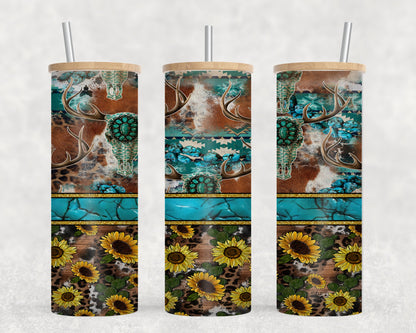 Turq Stripe Sun Flowers - glass can