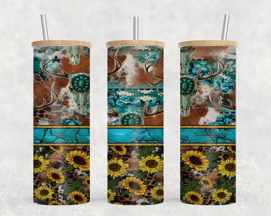 Turq Stripe Sun Flowers - glass can