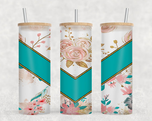 Teal Vee Roses - glass can