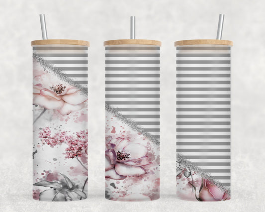 Pink Grey Flower - glass can