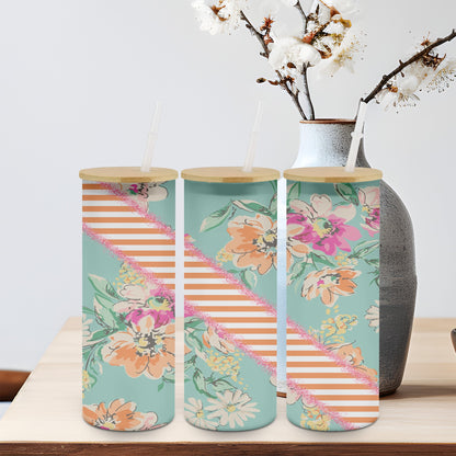 Vintage Flower Orange Stripe - glass can