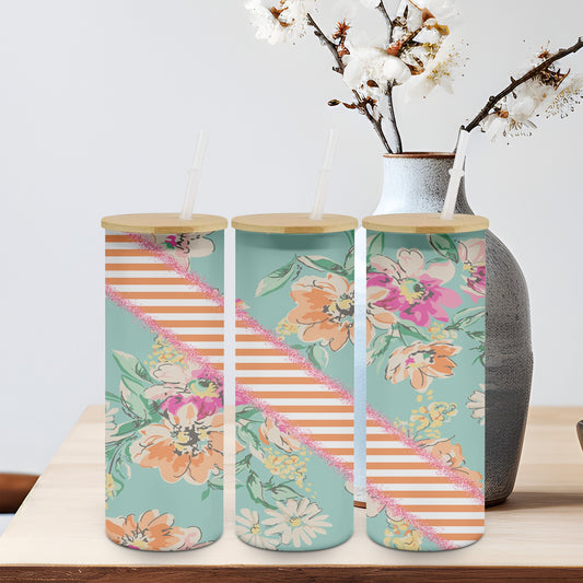 Vintage Flower Orange Stripe - glass can