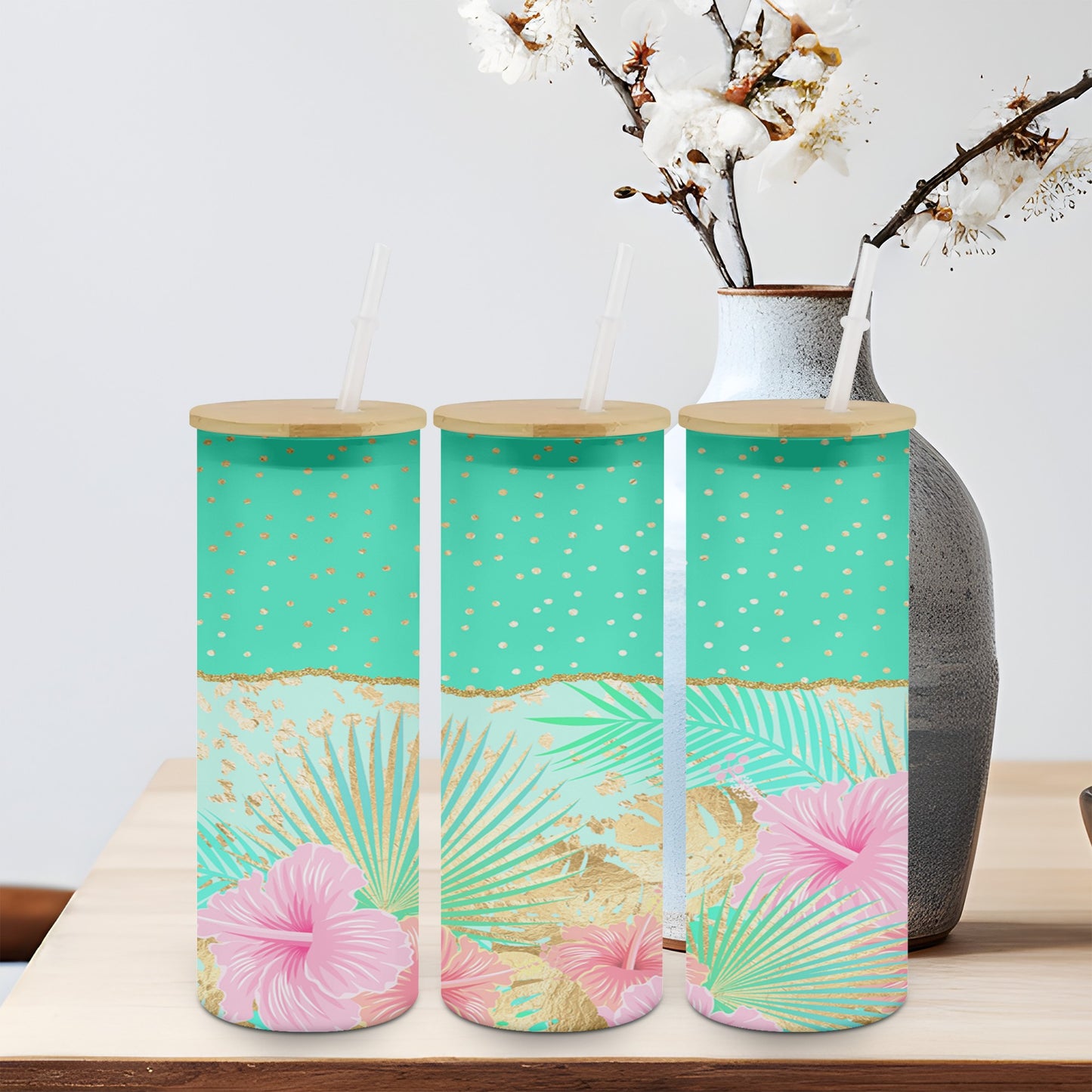 Teal Spot Flower - glass can