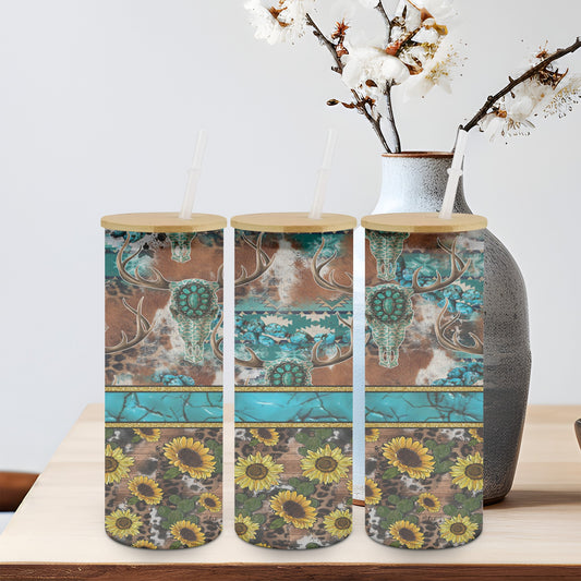 Turq Stripe Sun Flowers - glass can