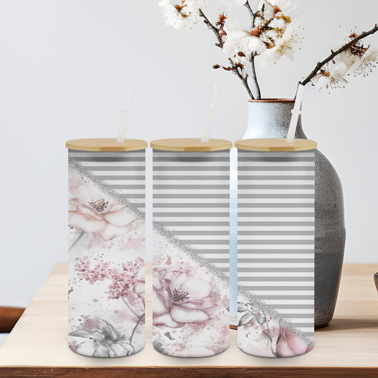 Pink Grey Flower - glass can