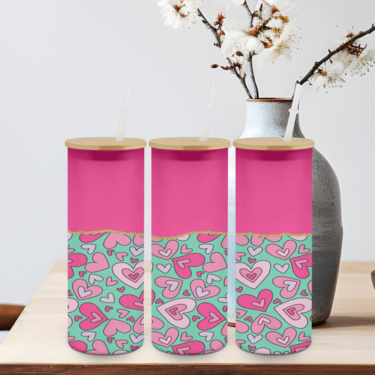 Pink Hearts Teal - glass can