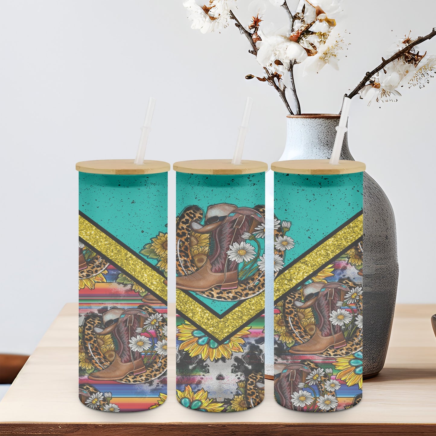 Cowboy Boots Vee Sunflower-10569 - glass can