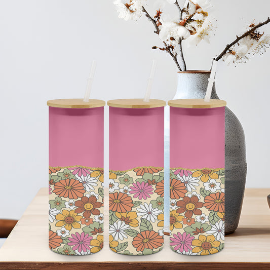 Rerto Pink Flowers - glass can
