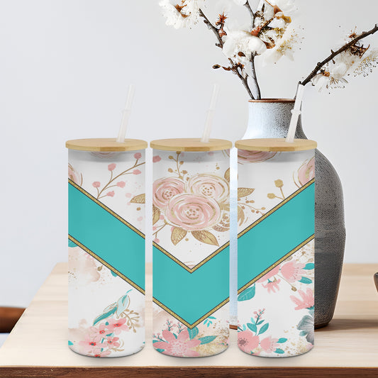 Teal Vee Roses - glass can
