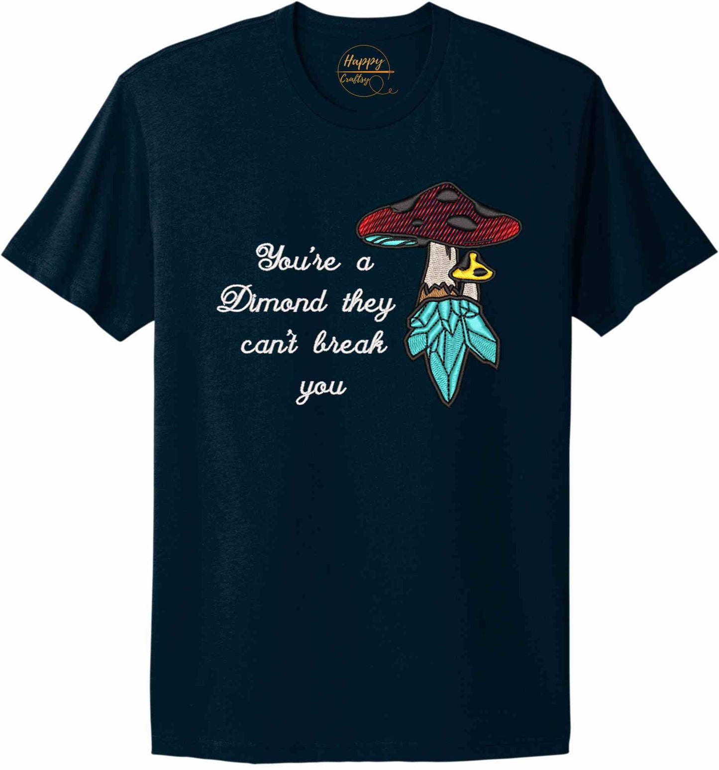 Crystal mushroom, positive message in embroidery - t-shirt