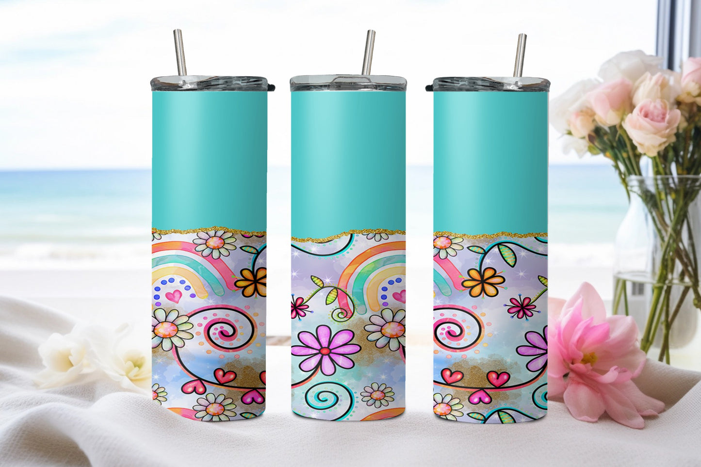 Flower Rainbow Blue-10575 - tumbler
