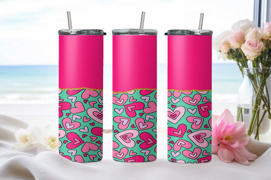 Pink Hearts Teal - tumbler