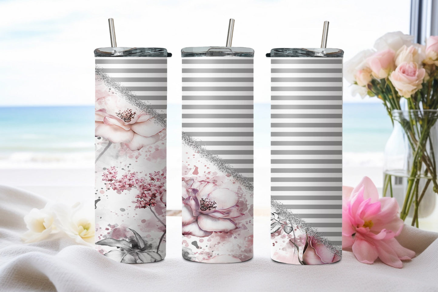 Pink Grey Flower-10595 - tumbler
