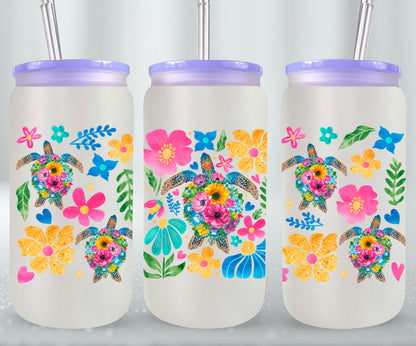 Boho Floral Sea Turtle-10660 - glass can