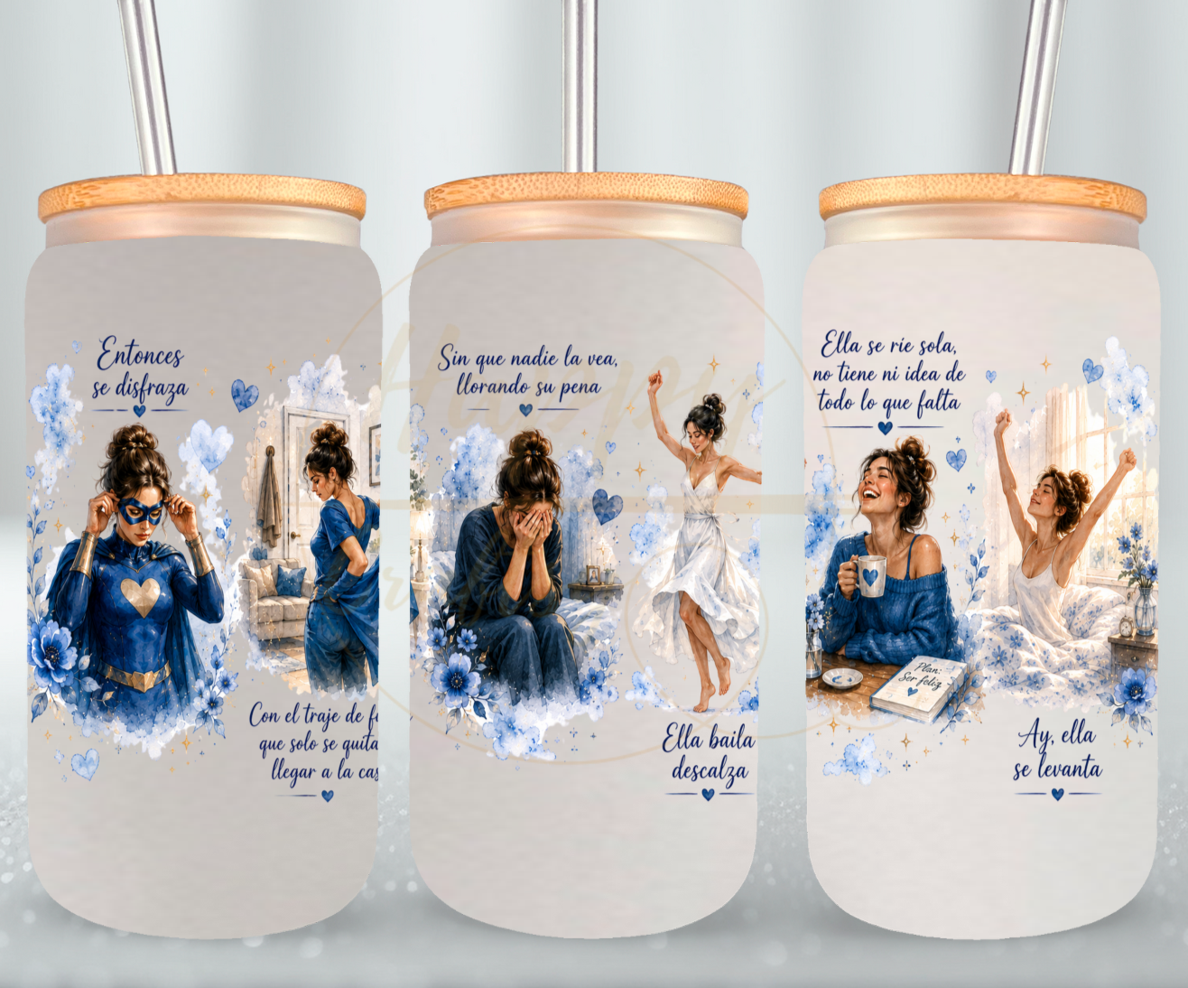 La Fuerza Que Nadie Ve Blue-349 Glass Can - 349-16OZ-Bamboo Lids