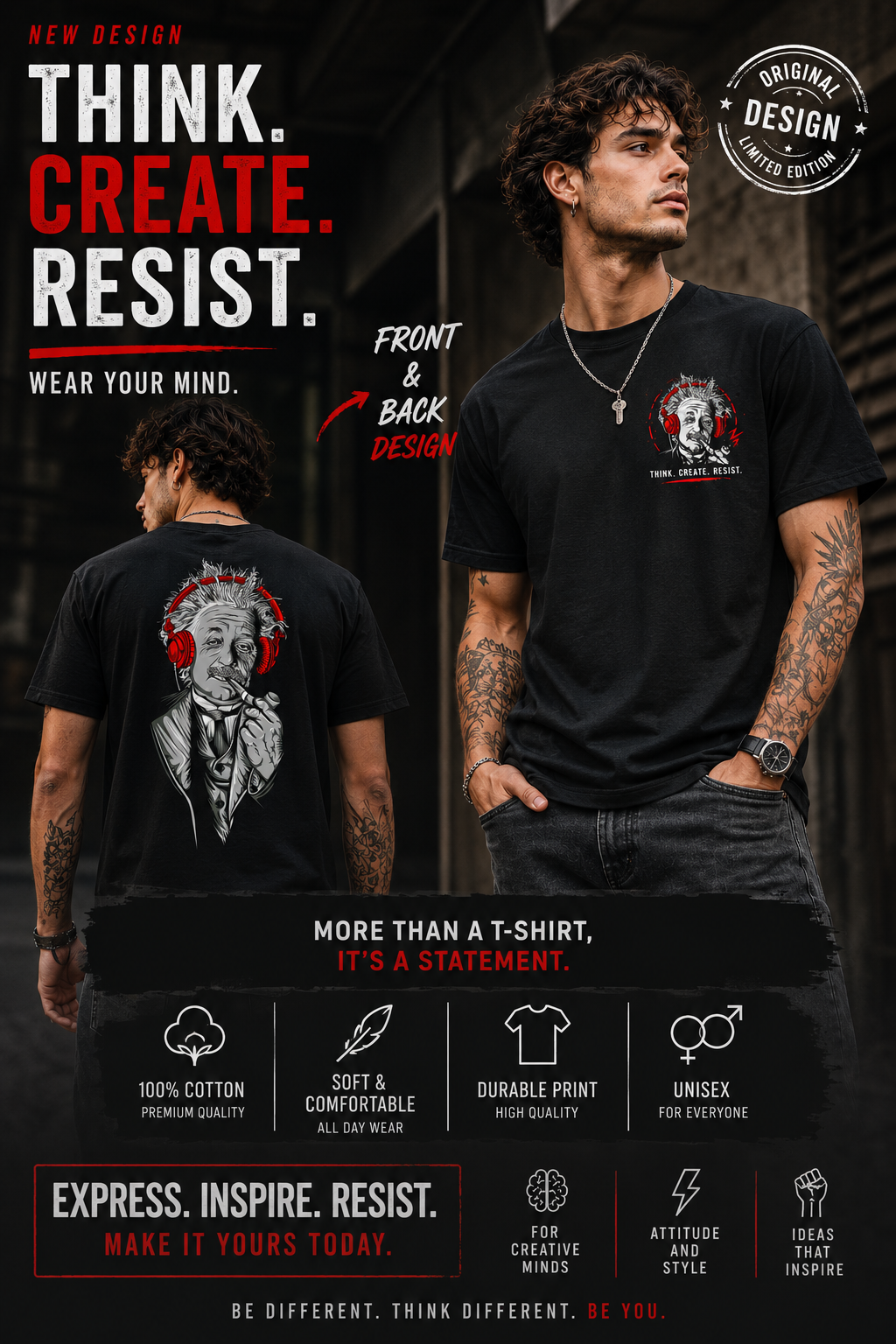 EINSTEIN, THINK. CREATE .RESIST-355 T-shirt - 355-L-Black