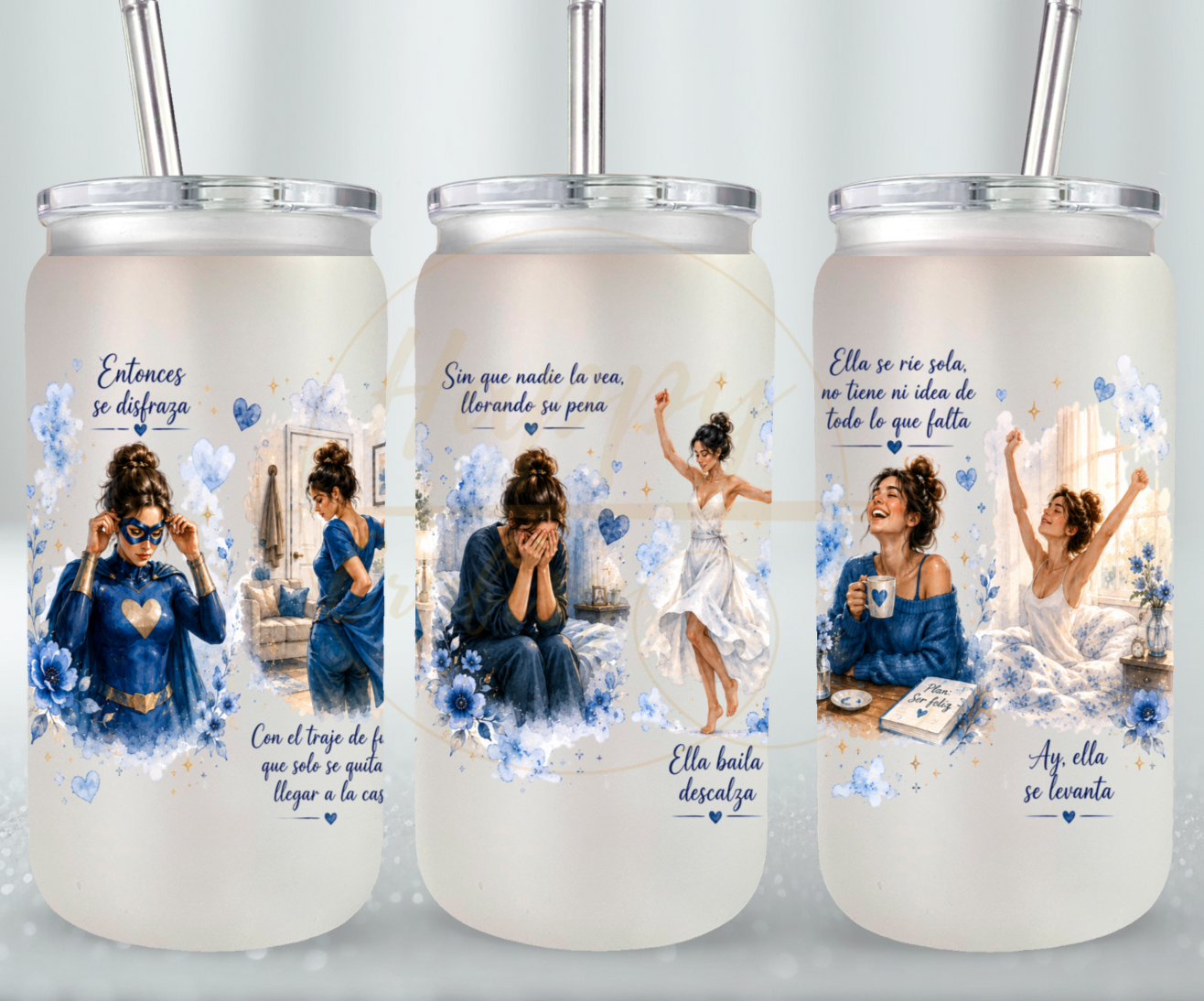 La Fuerza Que Nadie Ve Blue-349 Glass Can - 349-16OZ-White