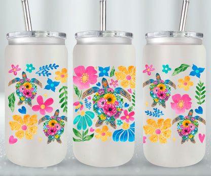 Boho Floral Sea Turtle-10660 - glass can