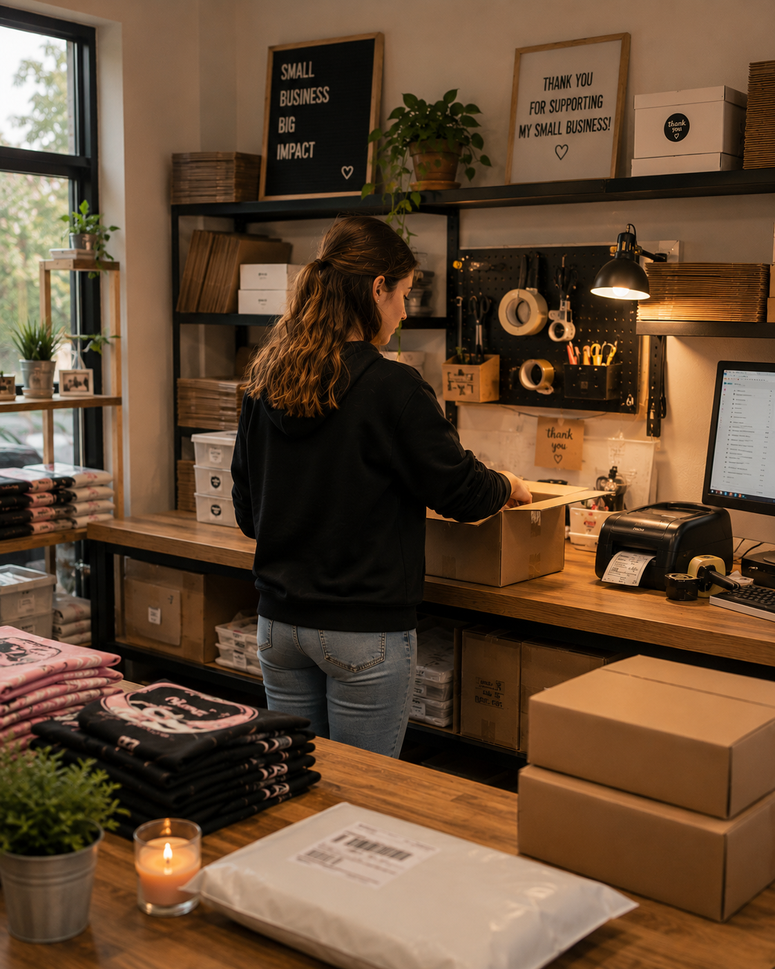 Small business packaging area with folded apparel and shipping boxes